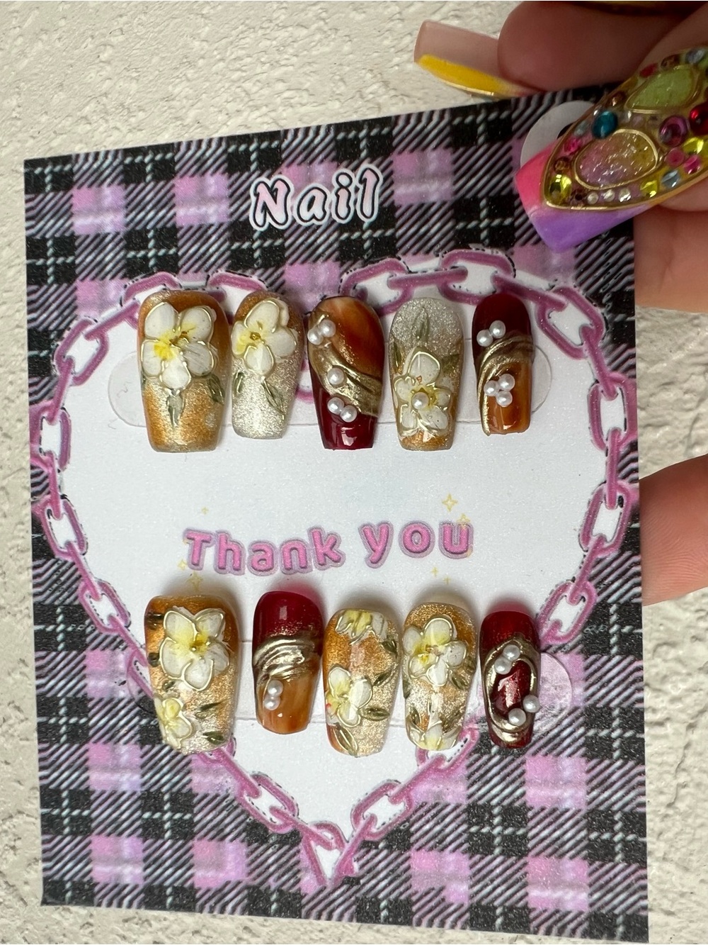Press on Nails Hand Painted Floral Pearls Natural Tones Size Small Set of 10